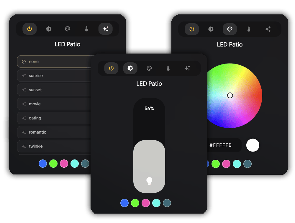 Light detail popup — HSV color wheel, brightness slider, effects list