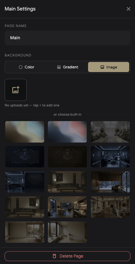Main Settings — page name and background picker with built-in image gallery