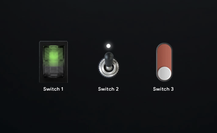 Switches tile — 3 toggle styles (pill / button / slider)